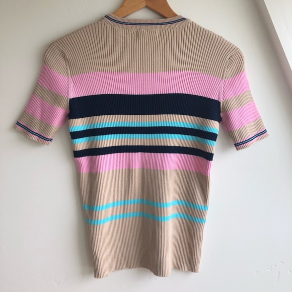 Roolee Ribbed 3/4 Sleeve Pullover Beige Striped Pink Blue Sweater Sz S - Picture 6 of 11